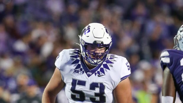 Oct 21, 2023; Manhattan, Kansas, USA; TCU Horned Frogs offensive lineman John Lanz (53) during the third quarter against the Kansas State Wildcats at Bill Snyder Family Football Stadium. Mandatory Credit: Scott Sewell-USA TODAY Sports